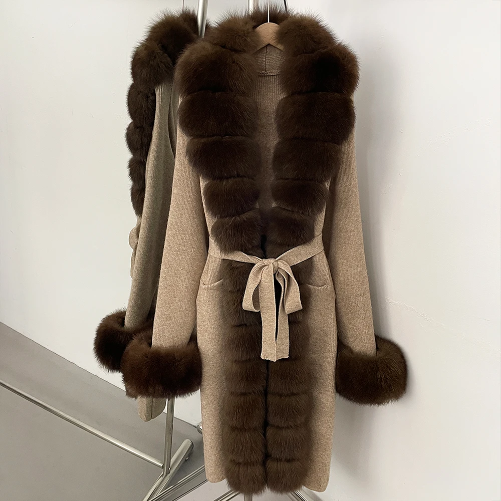 Pull Femme dame manteaux de fourrure naturelle tricot femmes à manches longues haut tricoté Cardigan Femmes vraie fourrure veste Femme 2026