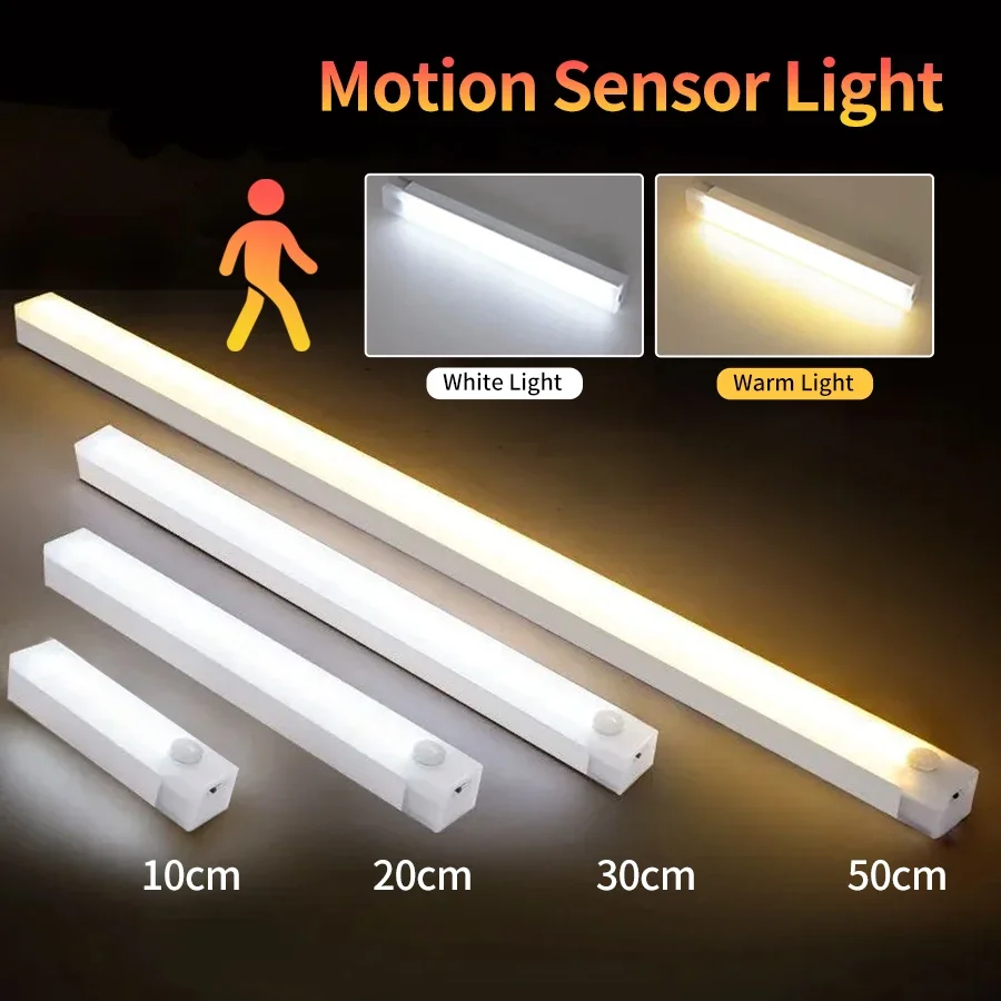 10-50cm Motion Sensor LED Bar Light Wireless Rechargeable Night Light Bedroom Kitchen Stair Hallway Wardrobe Closet Cabinet Lamp