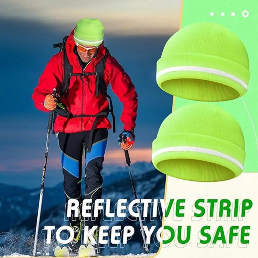 

Winter Hat High-visibility Reflective Stripe Outdoor Hat for Men Keep Warm Solid Color Folded Brim Cap for Construction Running