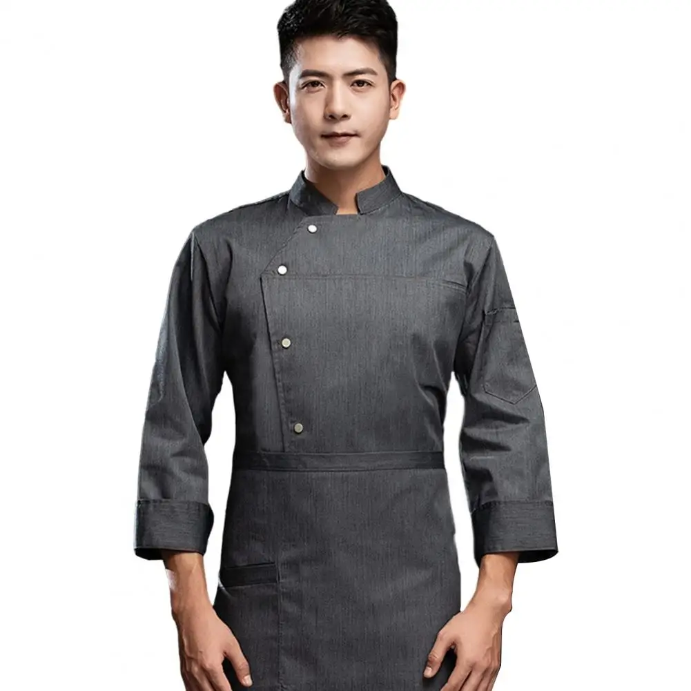 Chef Long-sleeved Shirt Chef Clothes Unisex Long Sleeve Chef Shirt with Stand Collar Single-breasted Pocket for Bakery for Fall