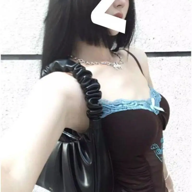 여성 섹시 핫 아메리칸 핫걸 레이스 패치워크 리본 캐미솔 탑 여성용 여름 섹시 이너웨어 슬림핏 숏 크롭 약간의 노출