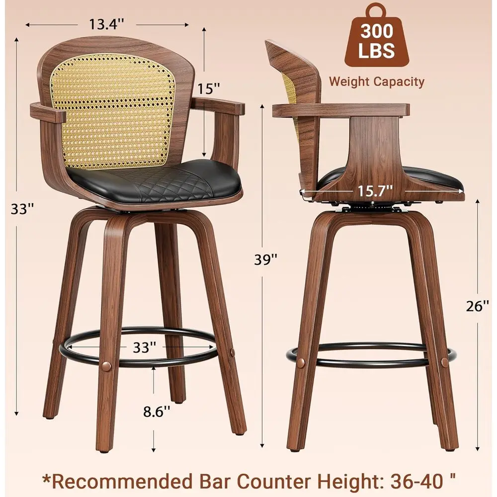 Rattan Barstools Set o 4, 26inch Counter Height Swivel Bar Chairs | PU leather seat with arms & rattan back, 360° ree swivel, du