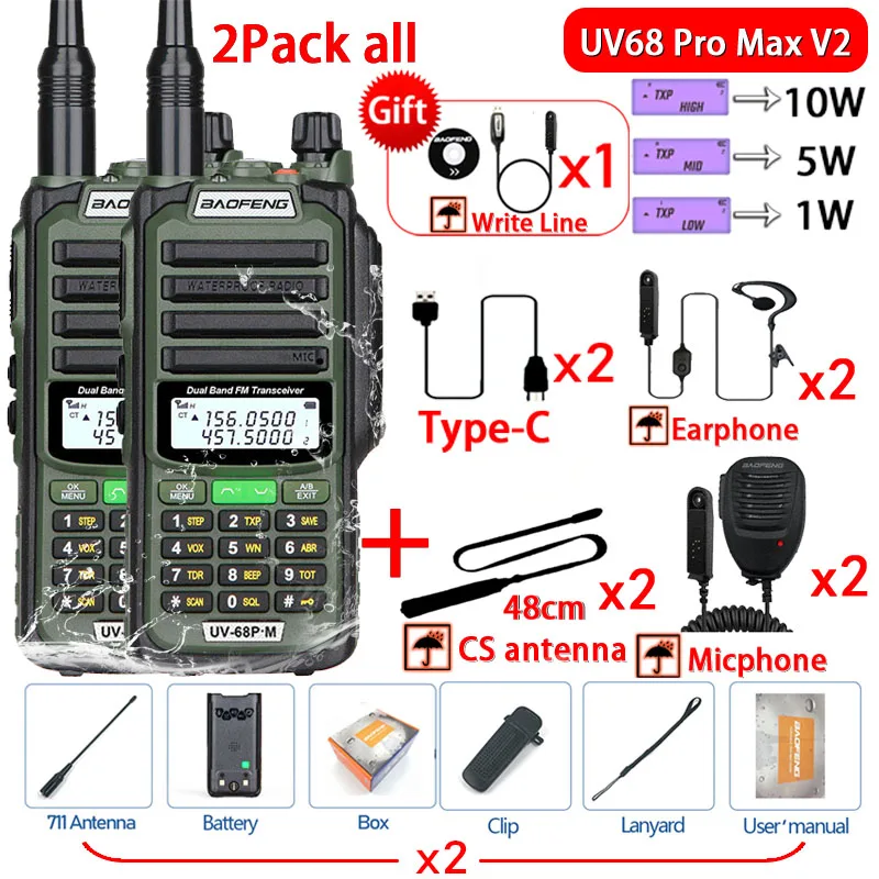 2Pcs Baofeng UV68 ProMAX V2 10W 711 Antenna IP68 Waterproof Walkie Talkie Type-C Charger Radio Upgrade Of UV9R 5R Pro 10R 16Plus