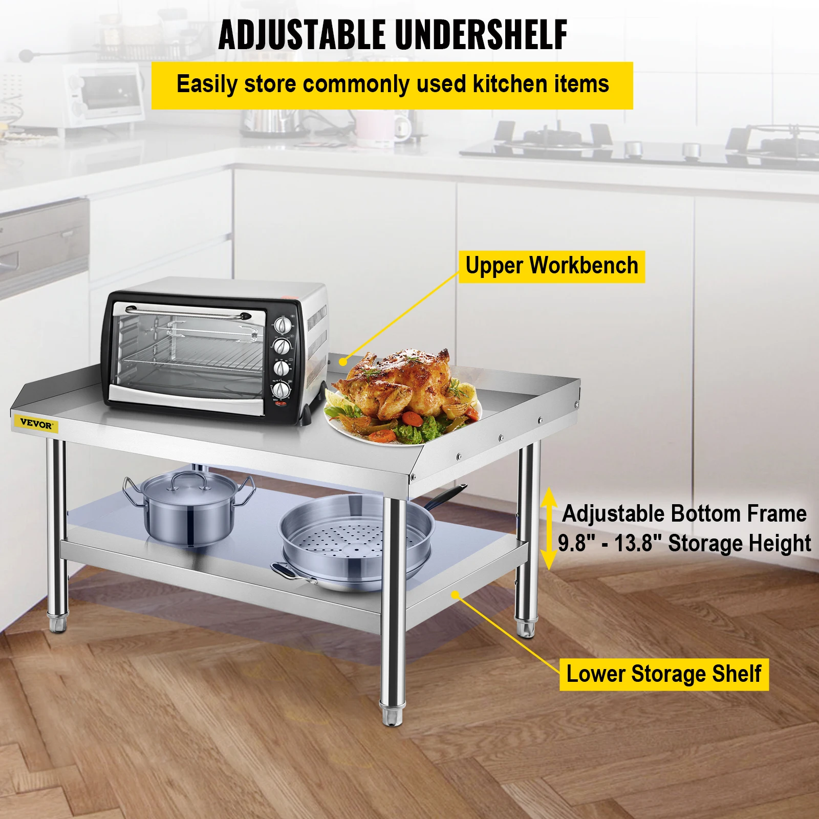 VEVOR 48x28x24 Inches Stainless Steel Equipment Grill Stand Table with Adjustable Storage Undershelf for Restaurant Kitchen