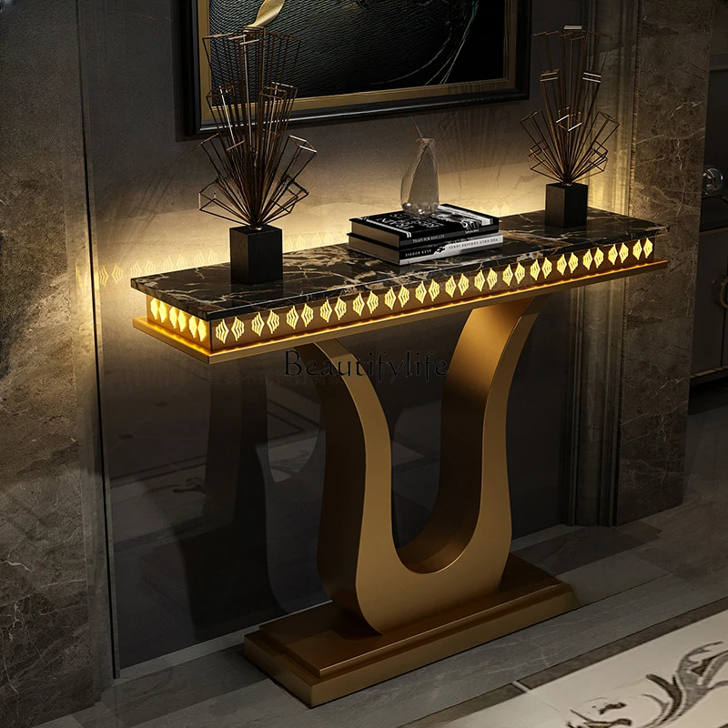 Light Luxury Brushed Stainless Steel Entrance Cabinet No Plug Induction Luminous Decoration Table Marble a Long Narrow Table