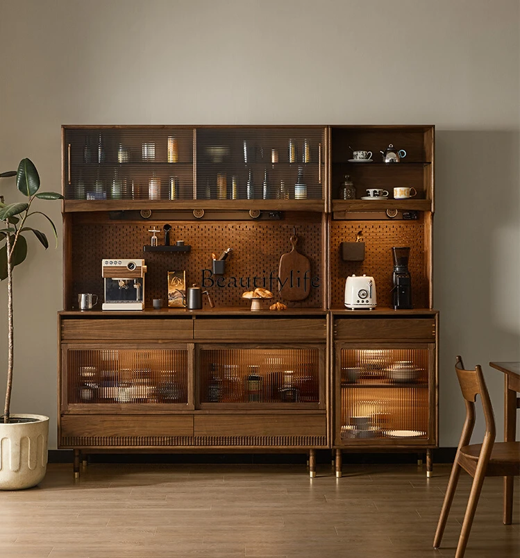 Nordic Solid Wood Black Walnut Wall-Mounted Multi-Functional Storage Display Tea Cabinet