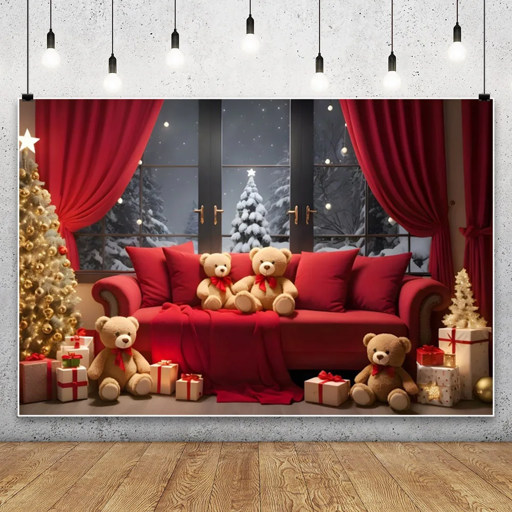 Merry Christmas Window Backdrop Xmas Tree Gifts Teddy Bear Family Party Decor Kids Photo Photographic Background Photo Studio