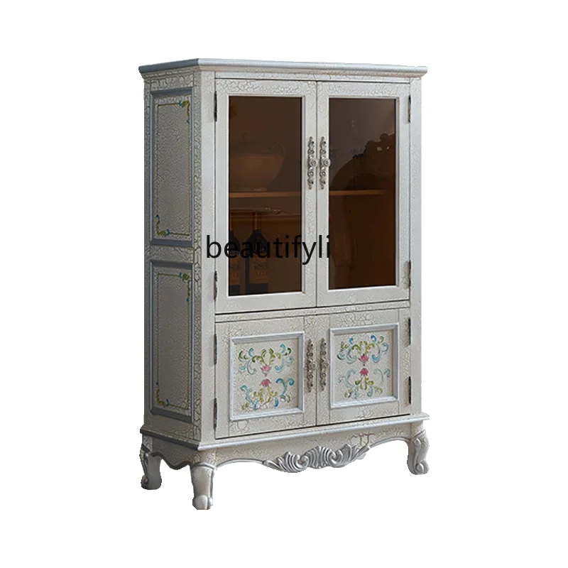 

yj9 American-Style Retro Low Bookcase Storage Cabinet European-Style Solid Wood Double-Door Glass Living Room Wine Cabinet