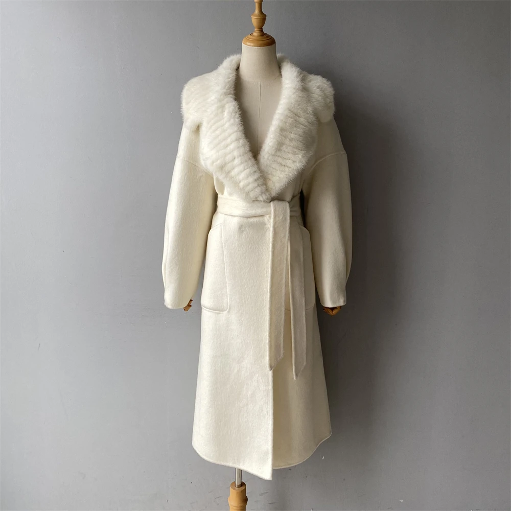 Jaxmonoy Women's Long Wool Coat Luxury Real Mink Fur Collar 2026 Fall New Arrival Wool Trench Coat Fashion Winter New Outerwear