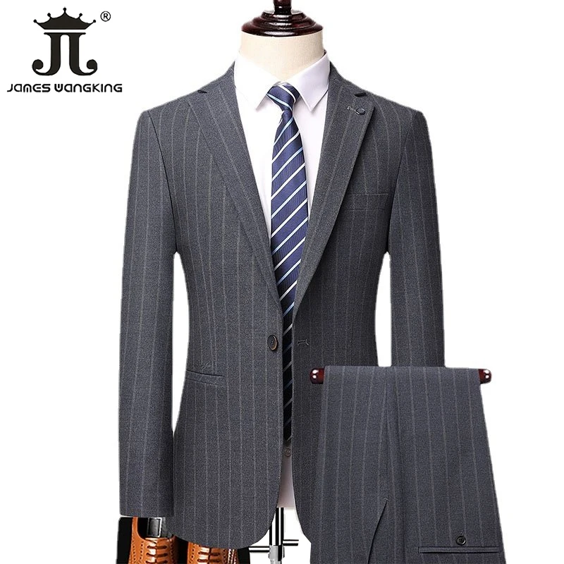 Men\'s Business Casual Wedding Groom Party Twopiece Blazer Trousers Slim Suit Male Solid Color Plaid Stripes Suit Jacket Pants