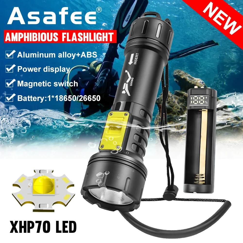 

Asafee D-511 Fishing Flashlight Magnetic Switch Portable Dive Torch Rechargeable Jar XHP70 LED Ultra Hunt Lamp 400 Range Light
