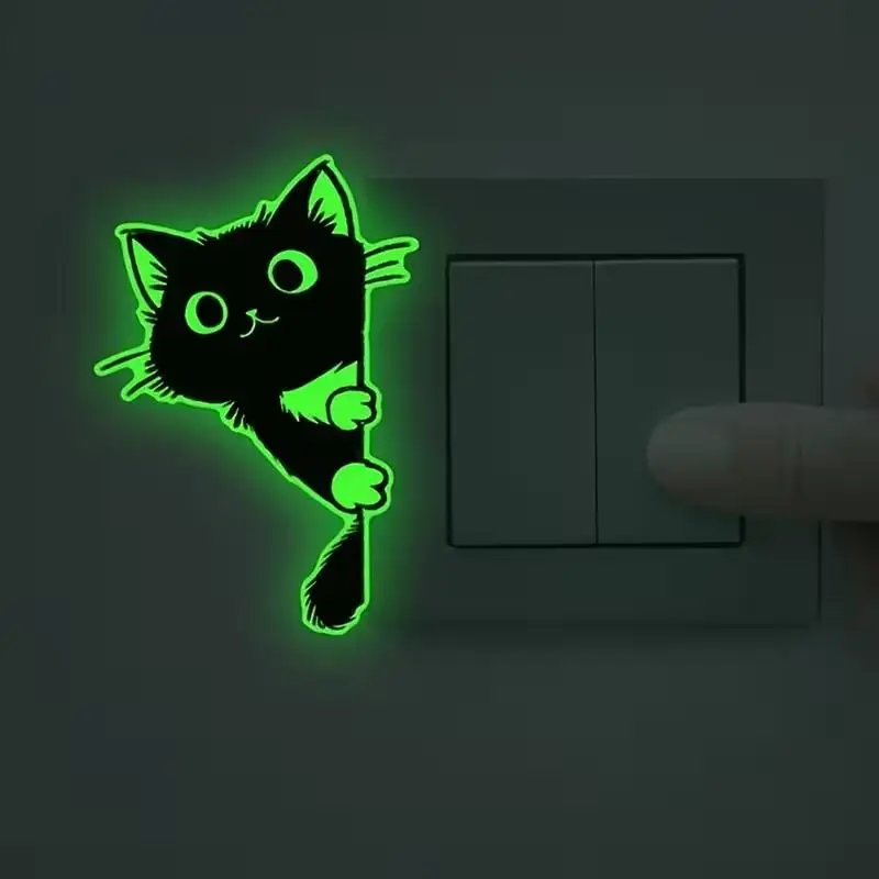 Sweet Self-Adhesive Luminous Cat Wall Decals PVC Cute Glowing Cat Stickers Home Decor Funny Cat Switch Stickers Dorm Room