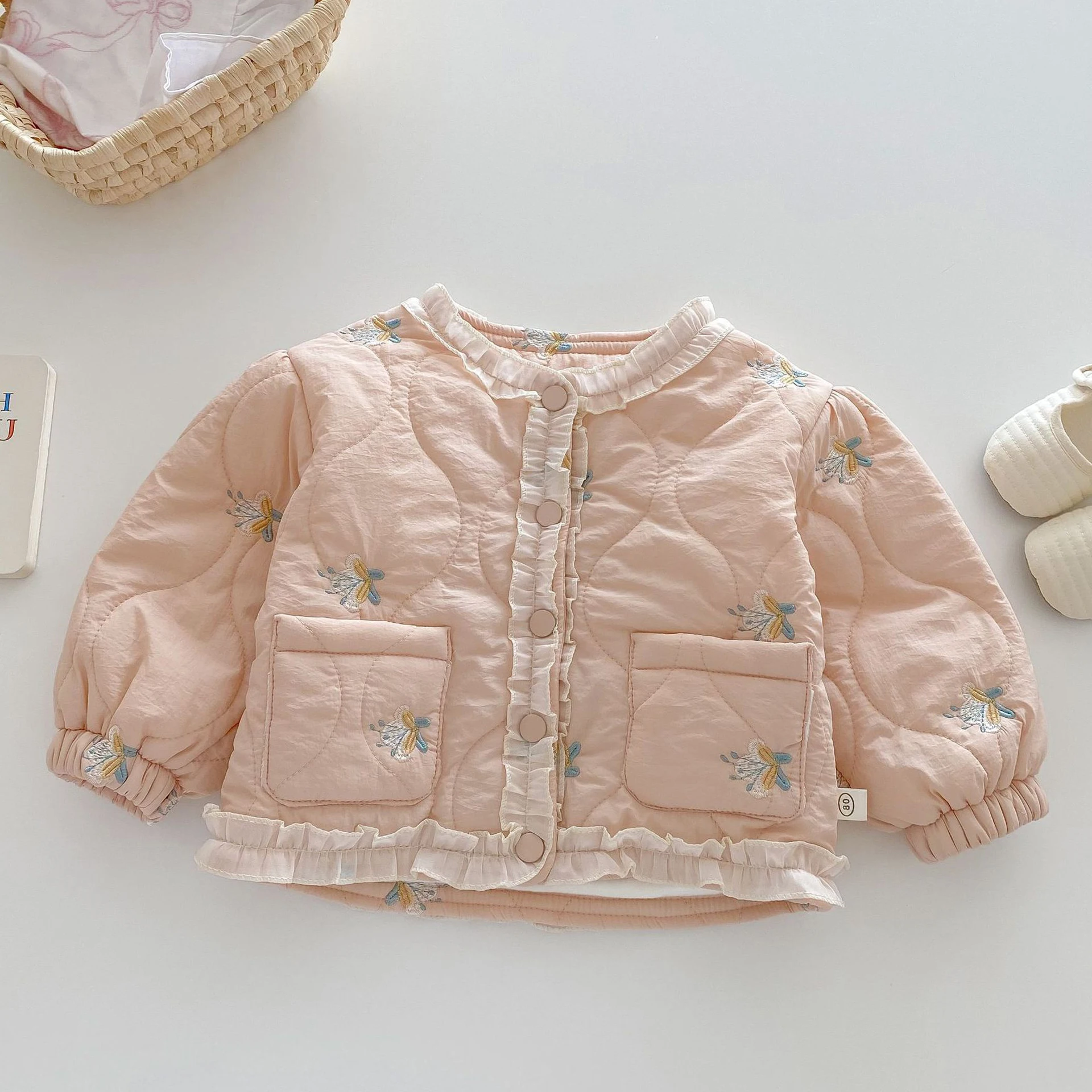 Baby Girls\' Floral Embroidered Cotton Jacket Winter Girls Sweet Lace Round Neck Thickened Loose Cotton-padded Short Outerwear