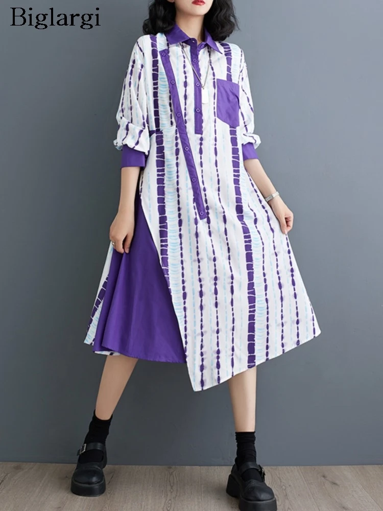 

Autumn Shirts Dress Women Print Fashion Irregular Patchwork Ladies Dresses Oversized Loose Ruffle A-Line Woman Long Sleeve Dress