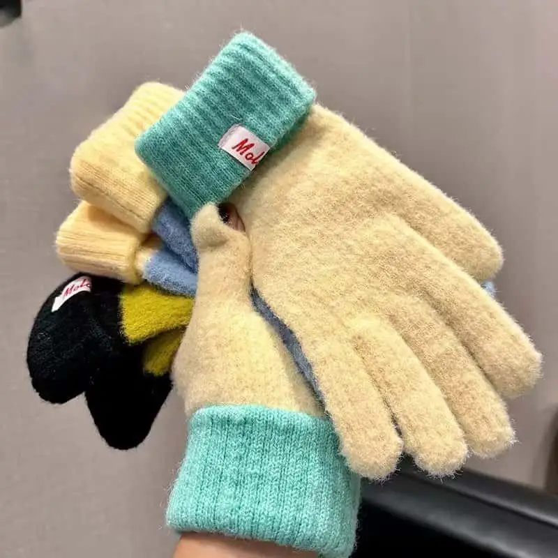 

Autumn Winter Women Warm Plush Knitted Gloves plus velvet Touch Screen Mittens Korean Colorful Coldproof Riding Skiing Gloves