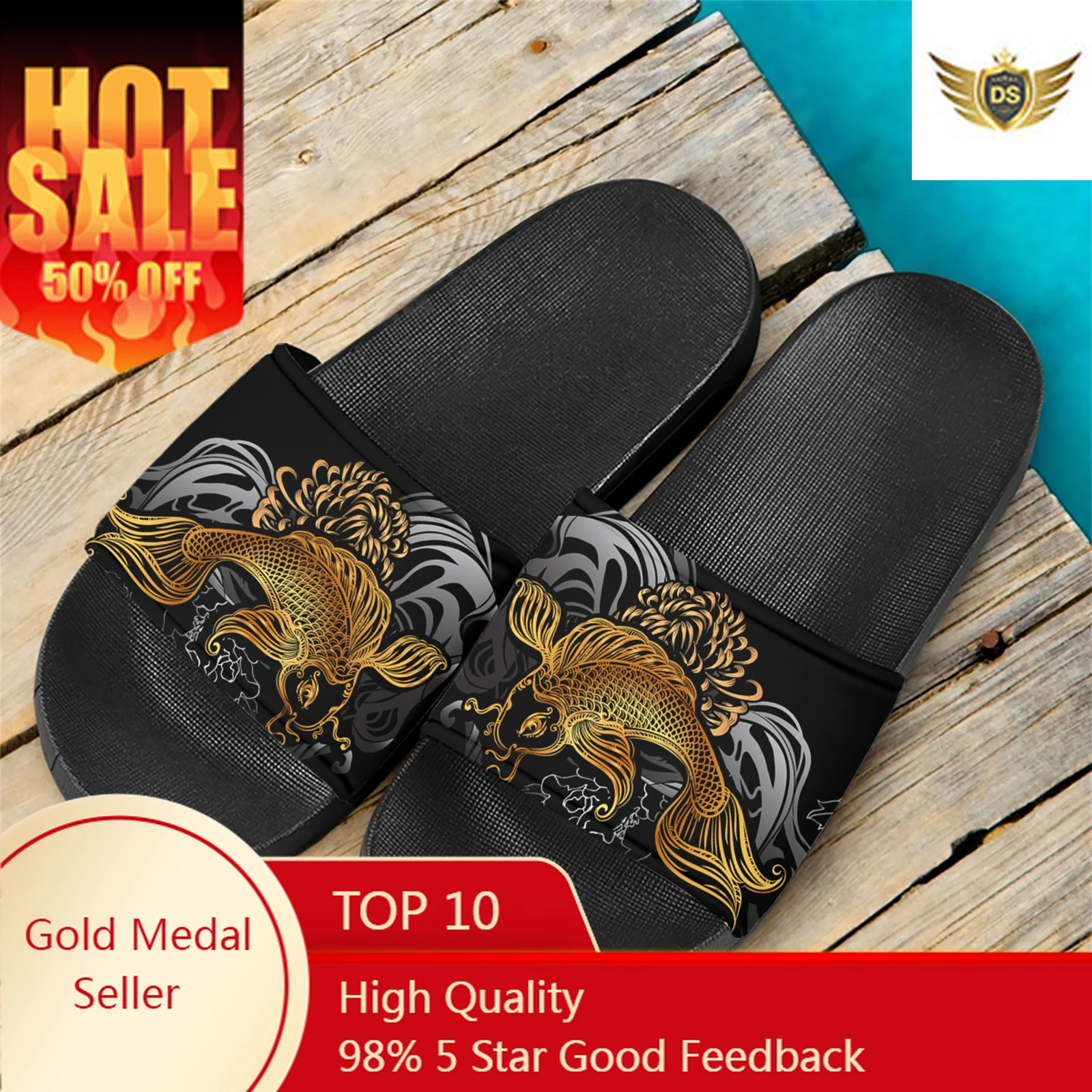 

Gold Carp Design Non-slip Slippers Symbol Good Luck Home Comfortable Sandals Birthday Christmas Gift Breathable Beach Slides New