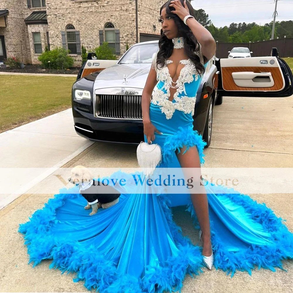 Luxury Rhinestone Prom Dress Mermaid With Feathers Sexy Black Girl Gala Party Dress Slit Women Birthday Gowns