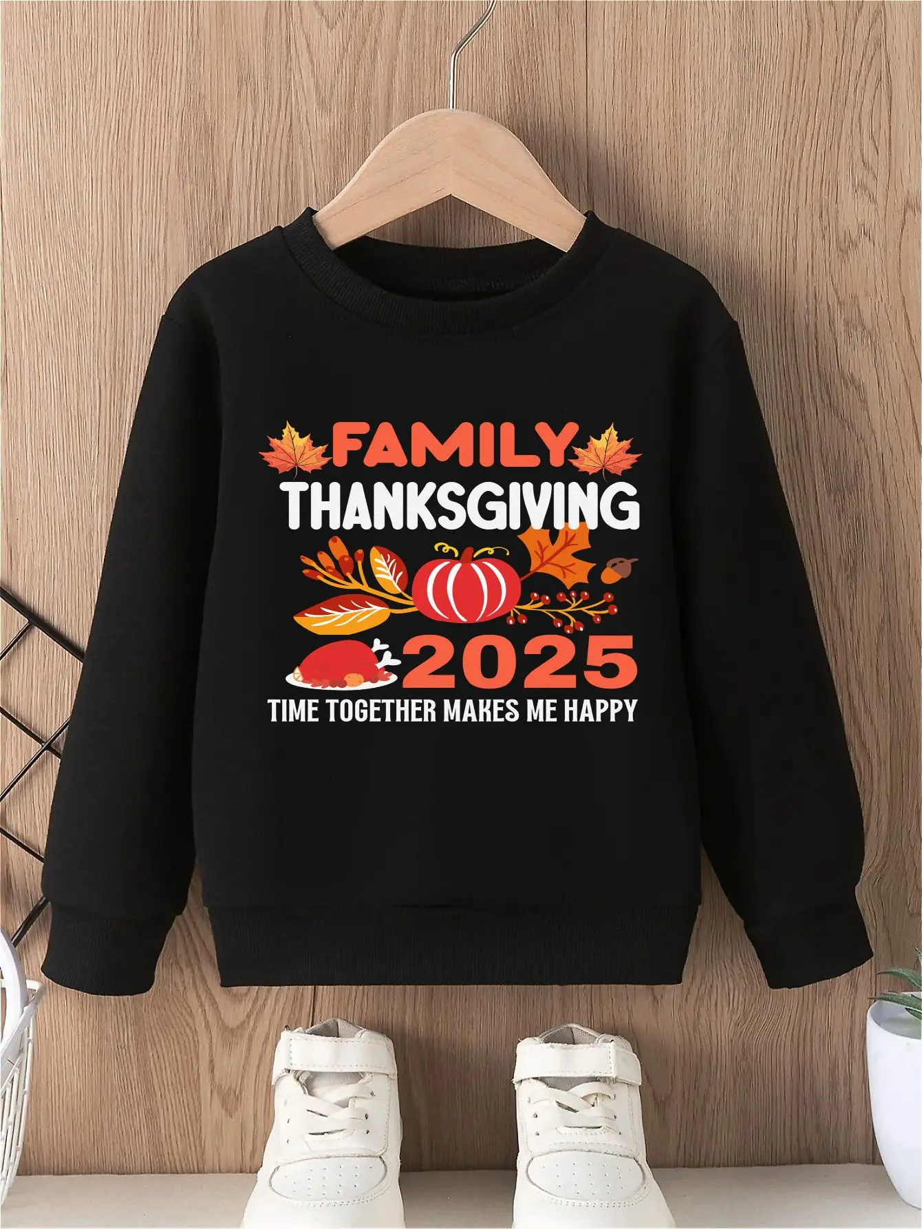 hanksgiving 2025 boy's sweatshirt with festive pumpkin and autumn leaves print pattern long sleeved top for family gatherings