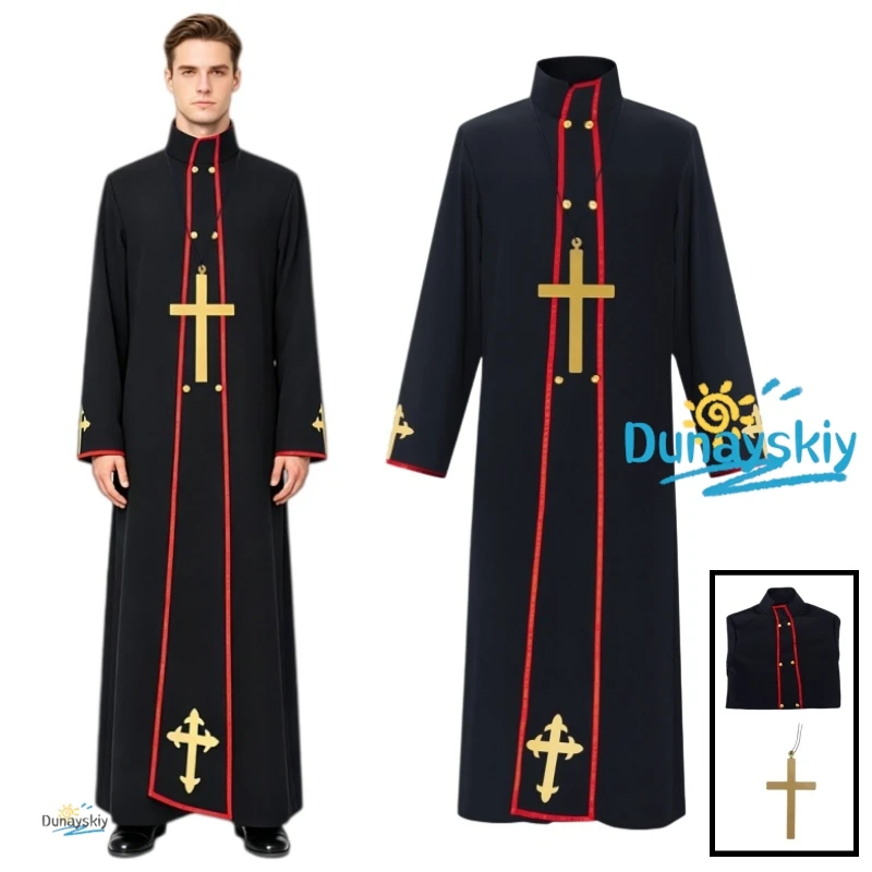 

Medieval Priest Robe Halloween Costume Cross Godfather Cosplay Clothes Long Sleeve Long Pants Composite Fabric Male Wear