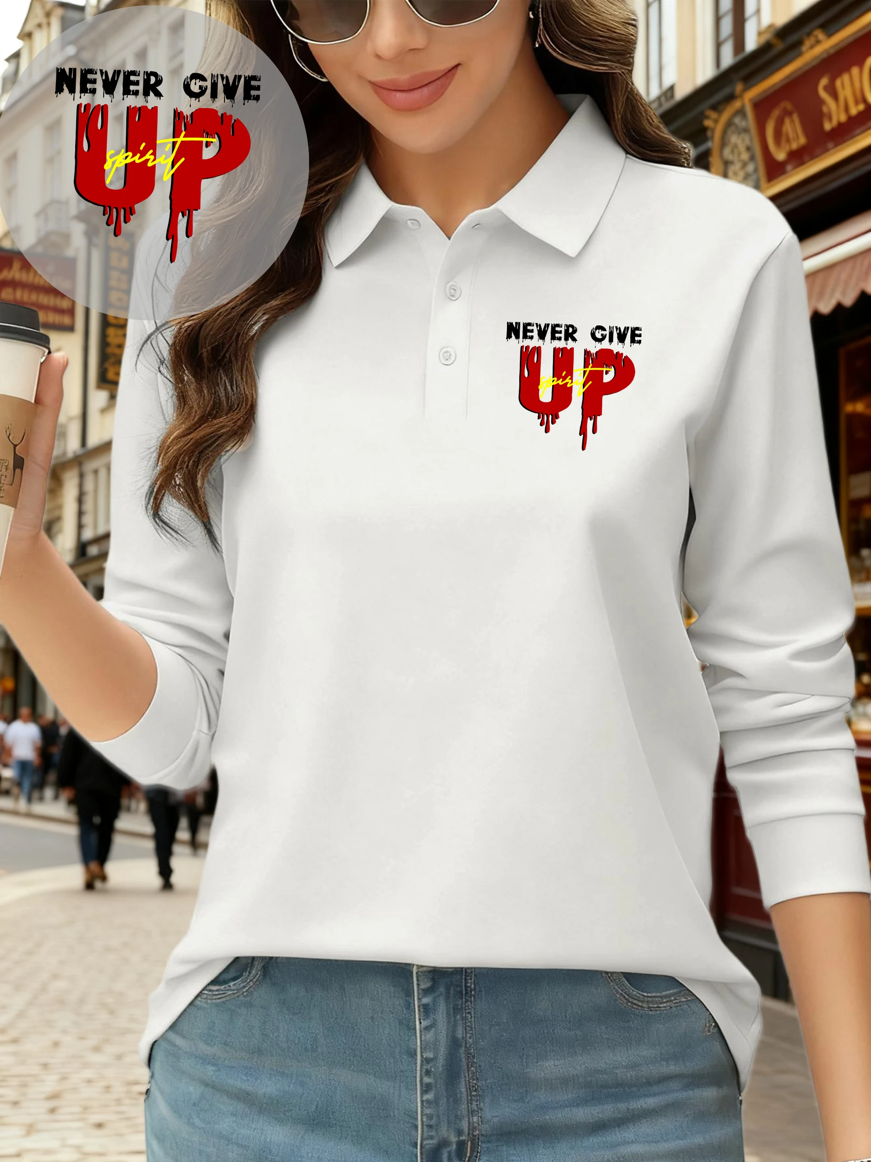 

Never Give Up Pattern Women Polo Shirt Autumn Casual T Shirts All-Match Comfortable Female Clothing Business Fleece Long Sleeve