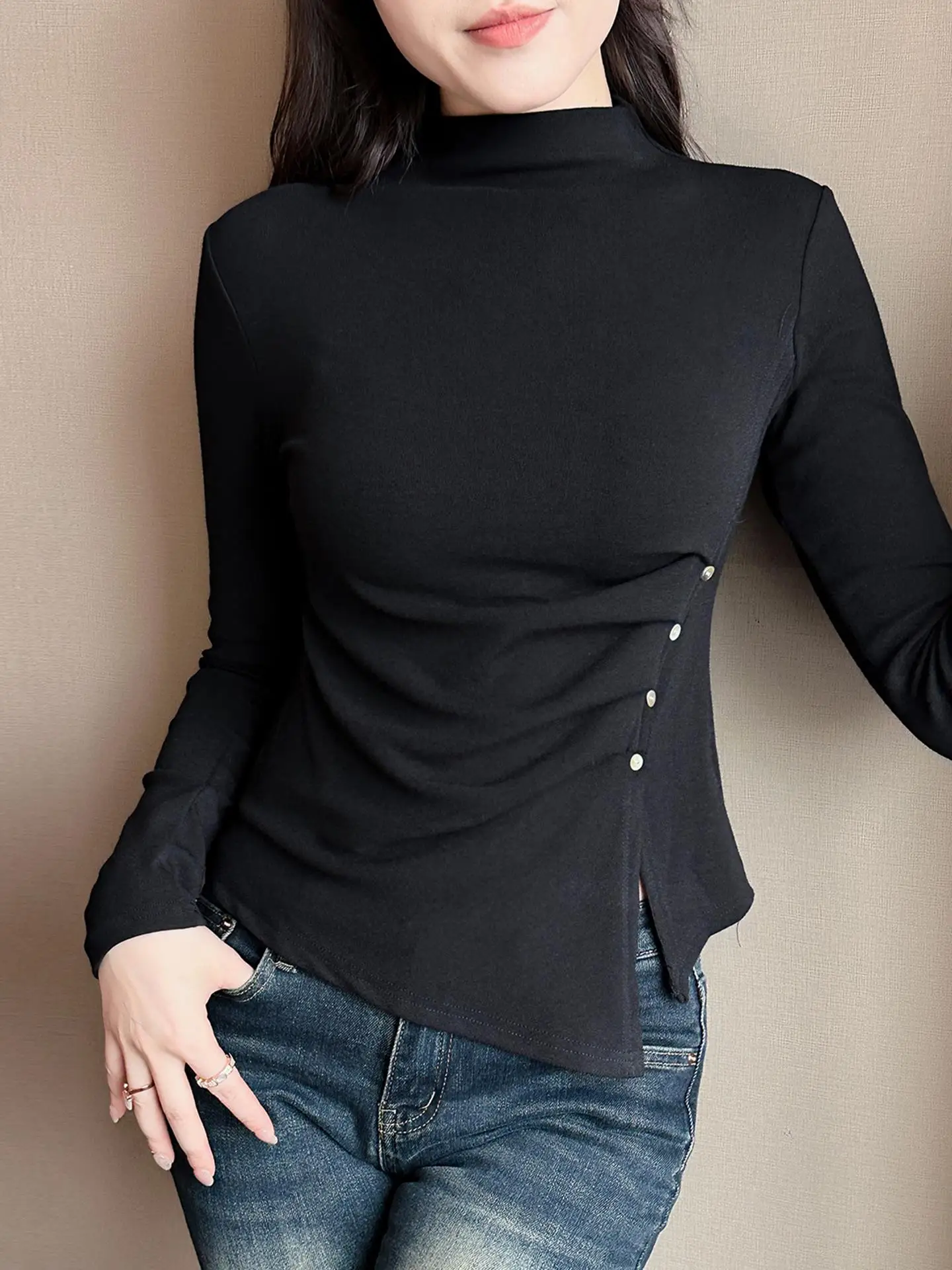 여성용 티엔드 롱 슬리브 하이 칼라 패션 비대칭 슬릿 이너웨어 한국 스타일 출퇴근복