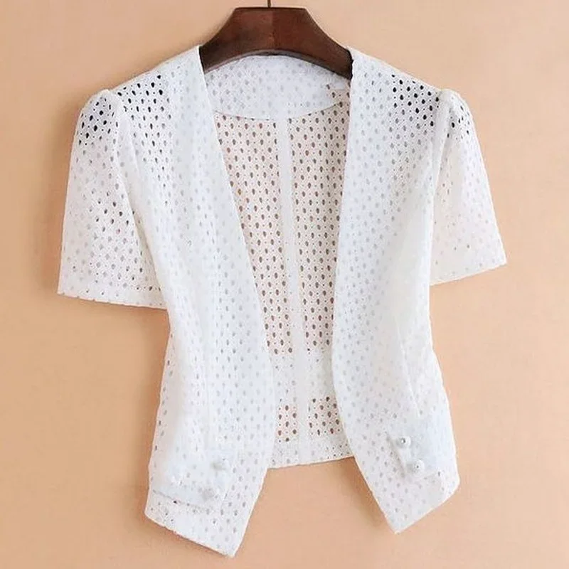 White Lace Shawl Women's Clothing 2023 Summer Short Hollow Cardigan Top Thin Coat Outercoat Short Sleeve Tops Femme Mujer