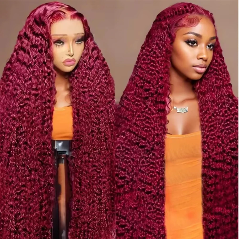 

99J Burgundy Deep Wave 13x4 Human Hair Lace Frontal Wig 13x6 Curly 30 Inch HD Transparent Lace Frontal Wig Brazilian Red Wine