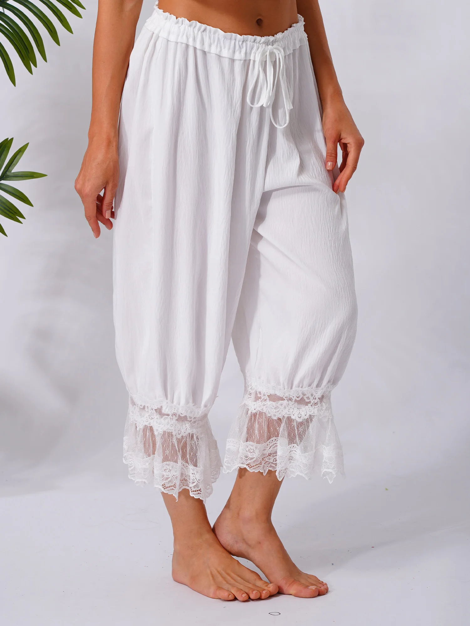 Fashion Women Calf-Length Patchwork Lace Bloomers Loose Fit Pyjama Trousers Cropped Pants Drawstring Home Leisure Wear Clothes
