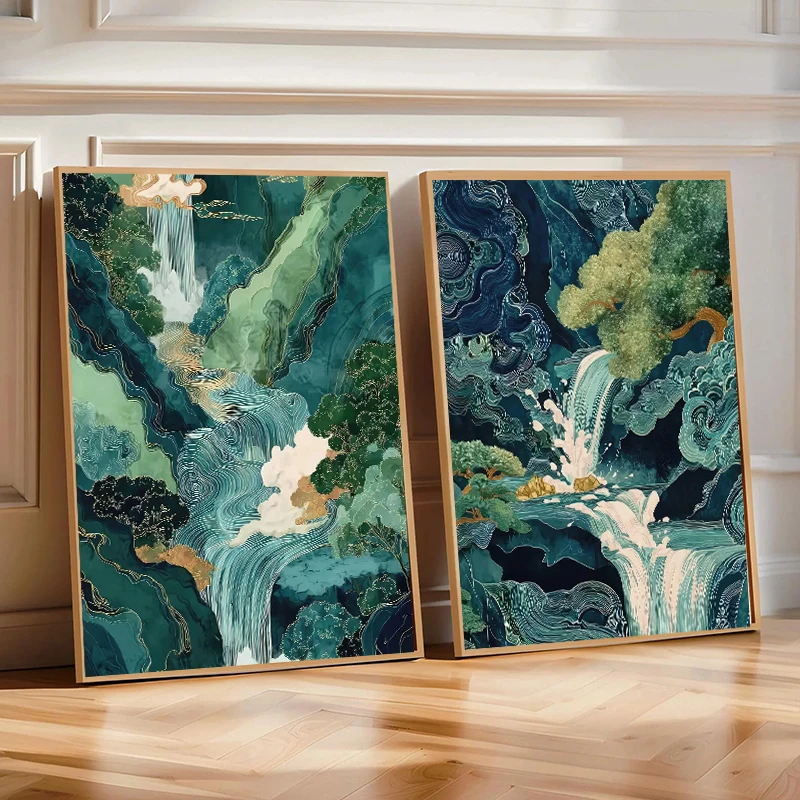 日本の青緑の滝山森林北斎絵画キャンバスプリントポスターリビン - Home Decor Vietnam のレビューと価格
