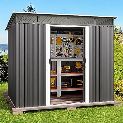 7.4'x5.3' Outdoor Storage Shed Metal Garden Shed with Sliding Lockable Doors, Versatile Tool Bike Shed with Transparent