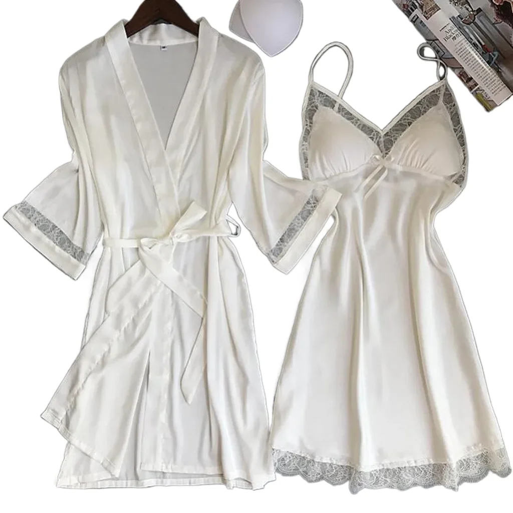 

Women'S Sexy Lace Nightgown Nightdress Two-Piece Set Satin Material Soft And Silky Women'S Home Pajamas Valentine'S Day Gift