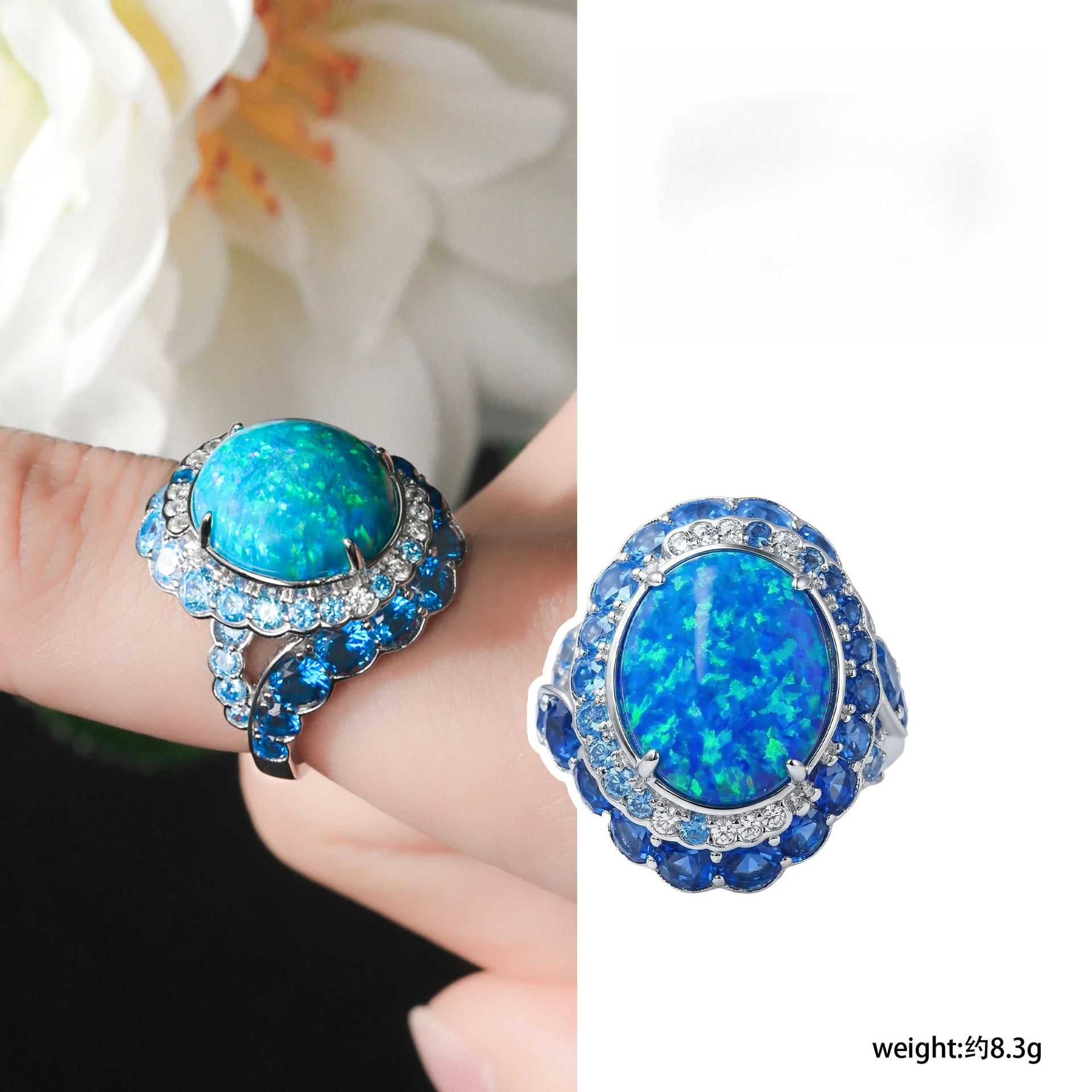 Lab-Grown Teal Opal Oval Cabochon Halo Diamond Ring 925 Sterling Silver Luxury Fine Engagement Daily Jewelry For Men And Women