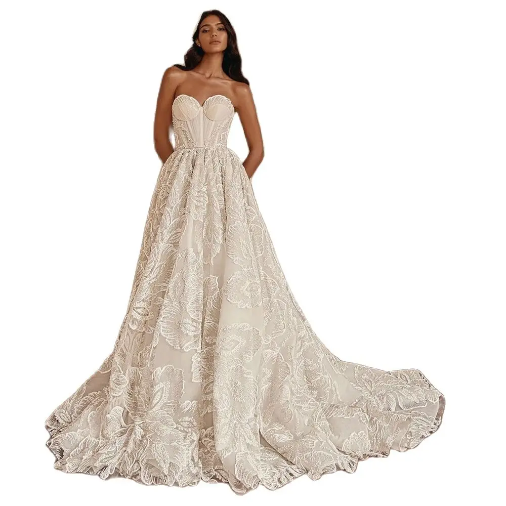 Bloem Kant Elegante Trouwjurk Met Sweetheart Nieuwe Sexy Lace-Up Brush Trein Bruidsjurken Hot Koop Robe De mariage Vestido