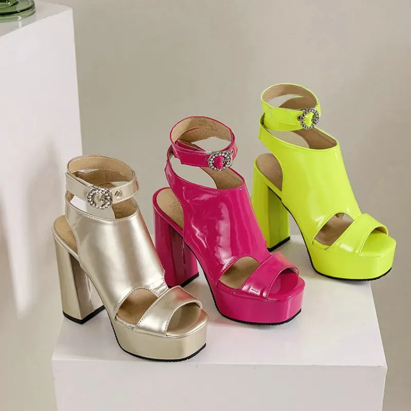 Summer Peep Toe Neon Green Fuschia Color Block High Heeled Woman Shoes Ankle Cross Strap Gladiators Platform Heels Sandals Women