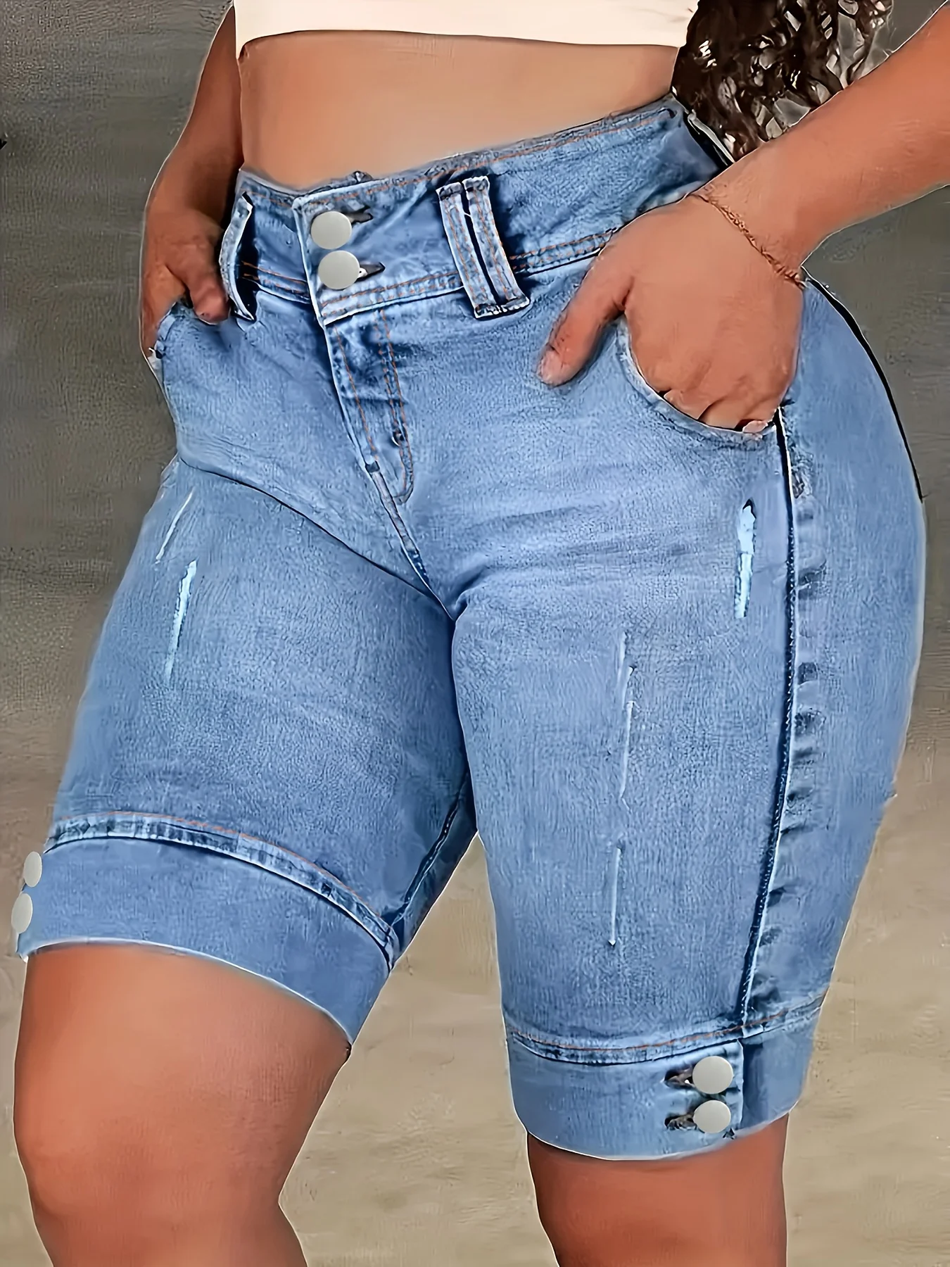 Ladies' Blue Double-Buckle Waist Slim Fit Jeans view 4