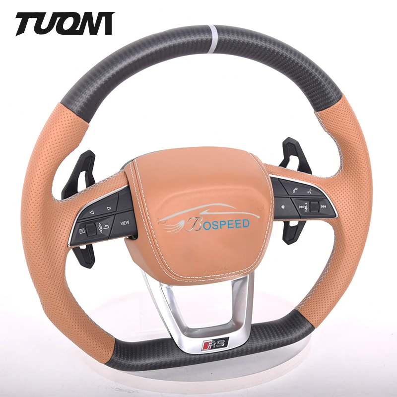 Real Carbon Fiber Brown Perforated Leather Car Steering Wheel For Audi Q1 Q2 Q3 Q5 Q7 Q8 RS3 RS5 B9 B9.5 SQ5 RSQ8 All Models