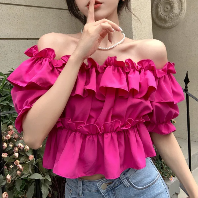 Korean Chic Sexy Off Shoulder Solid Short Tshirt Women\'s Slash Neck Elegant Layered Ruffles Cake Puffy Sleevs Tee Shirt Crop Top