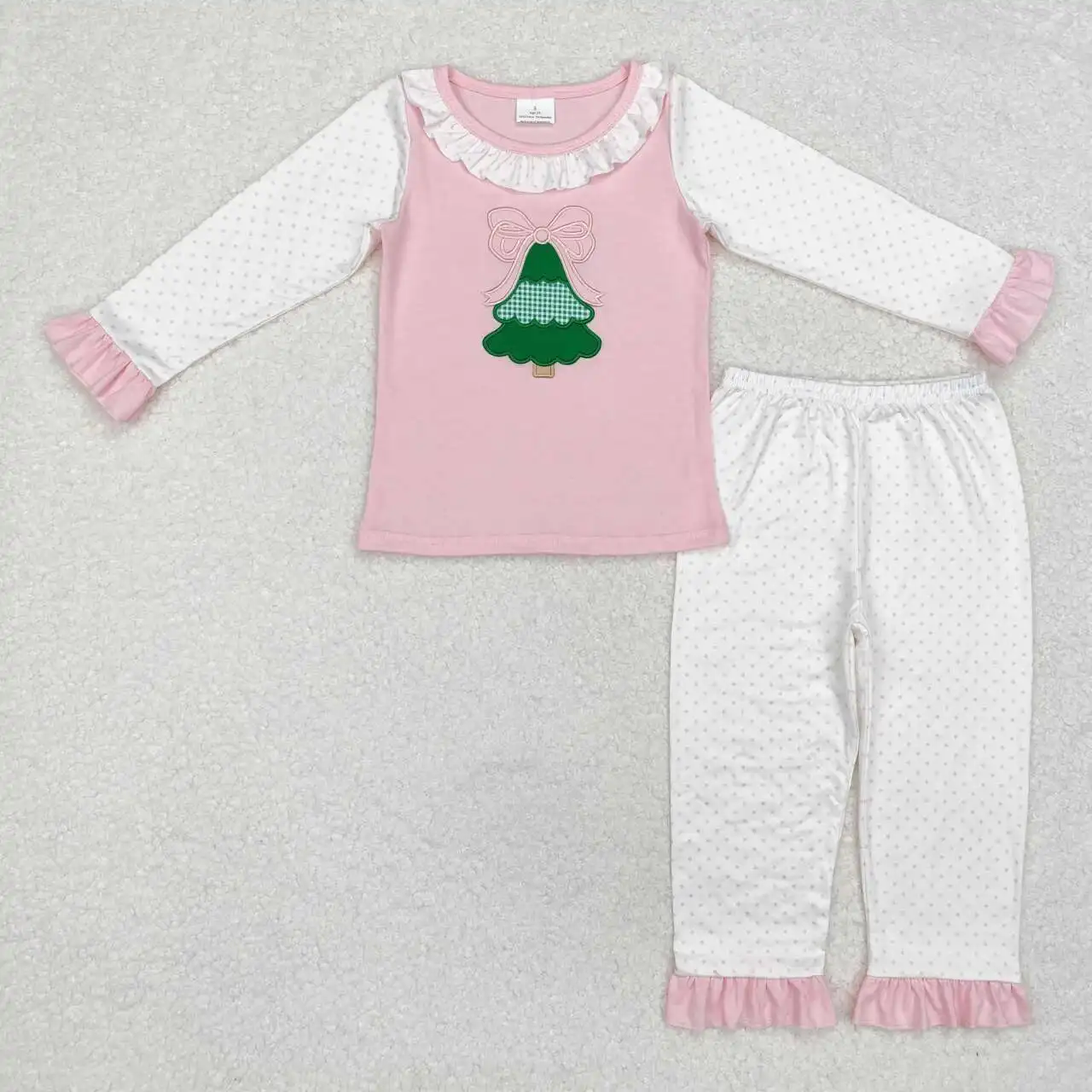 

RTS Christmas Girls Pink Pajamas Set Wholesale Boutique Embroidery Christmas Tree Polka Dot Pink and White Long Sleeve set