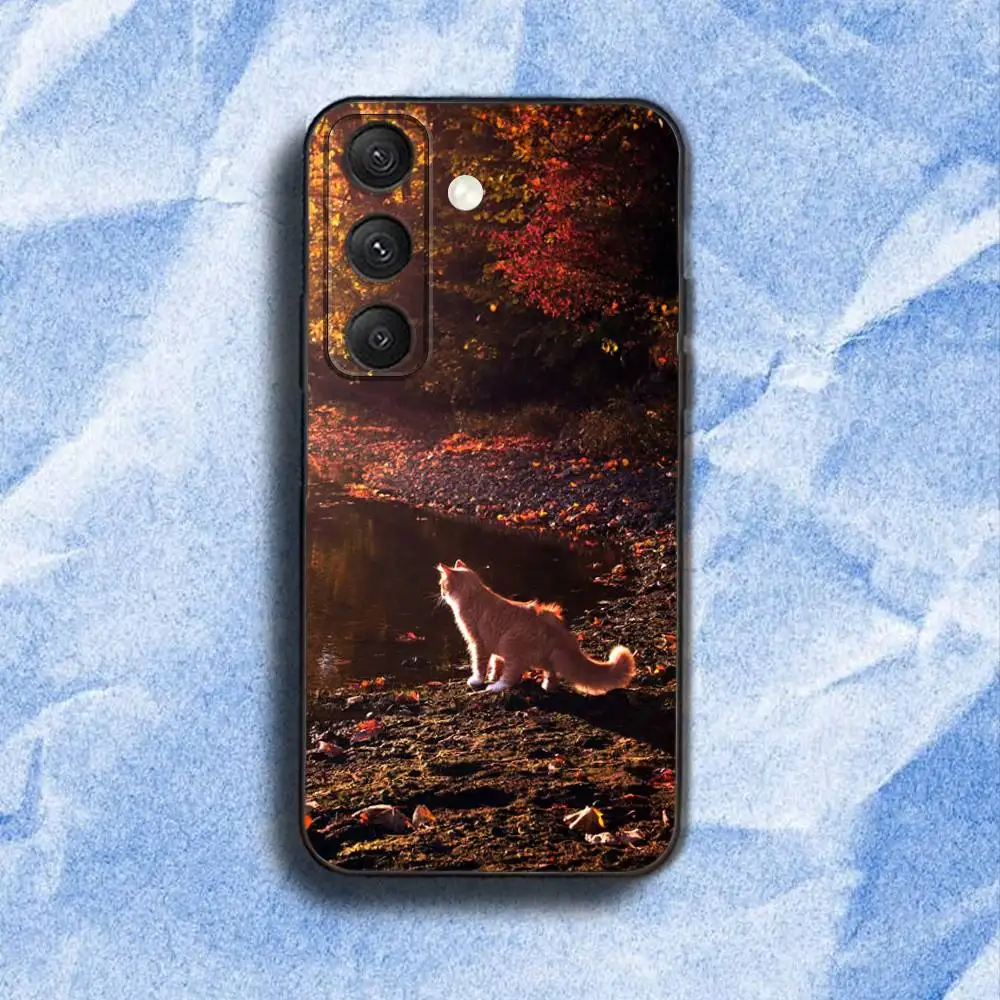 A-Autumn L-leaves cat 電話ケース Samsung S 25、24、23、22、30、21、10、9、ウルトラ、プラス、ライト、FE、4、5G ブラックソフトケース