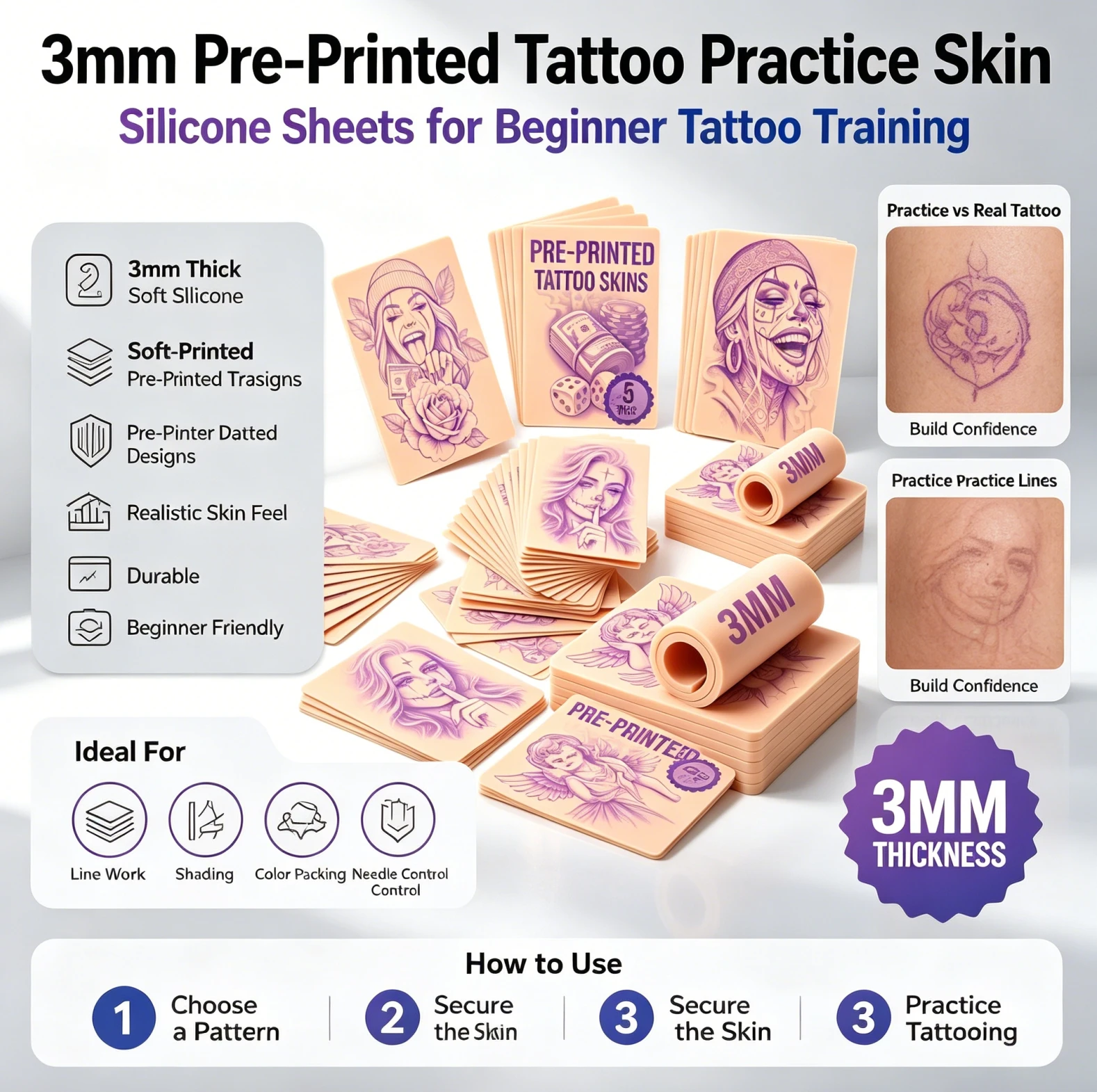 3MM NARKASY Tattoo Practice Skin Silicone Fake Skin Double-Sided for Permanent Makeup Training Supply Tattoo Accessory