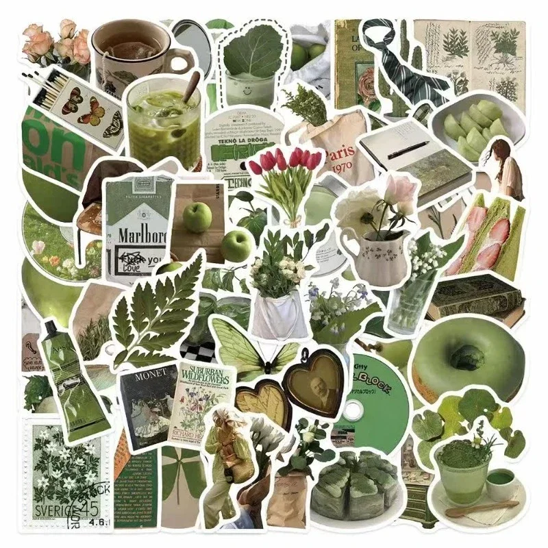 62/124 Sheets Green Color Series Sticker Green Plants Food Notes Diary Decorative Stickers Luggage Phone Case Decorative Label