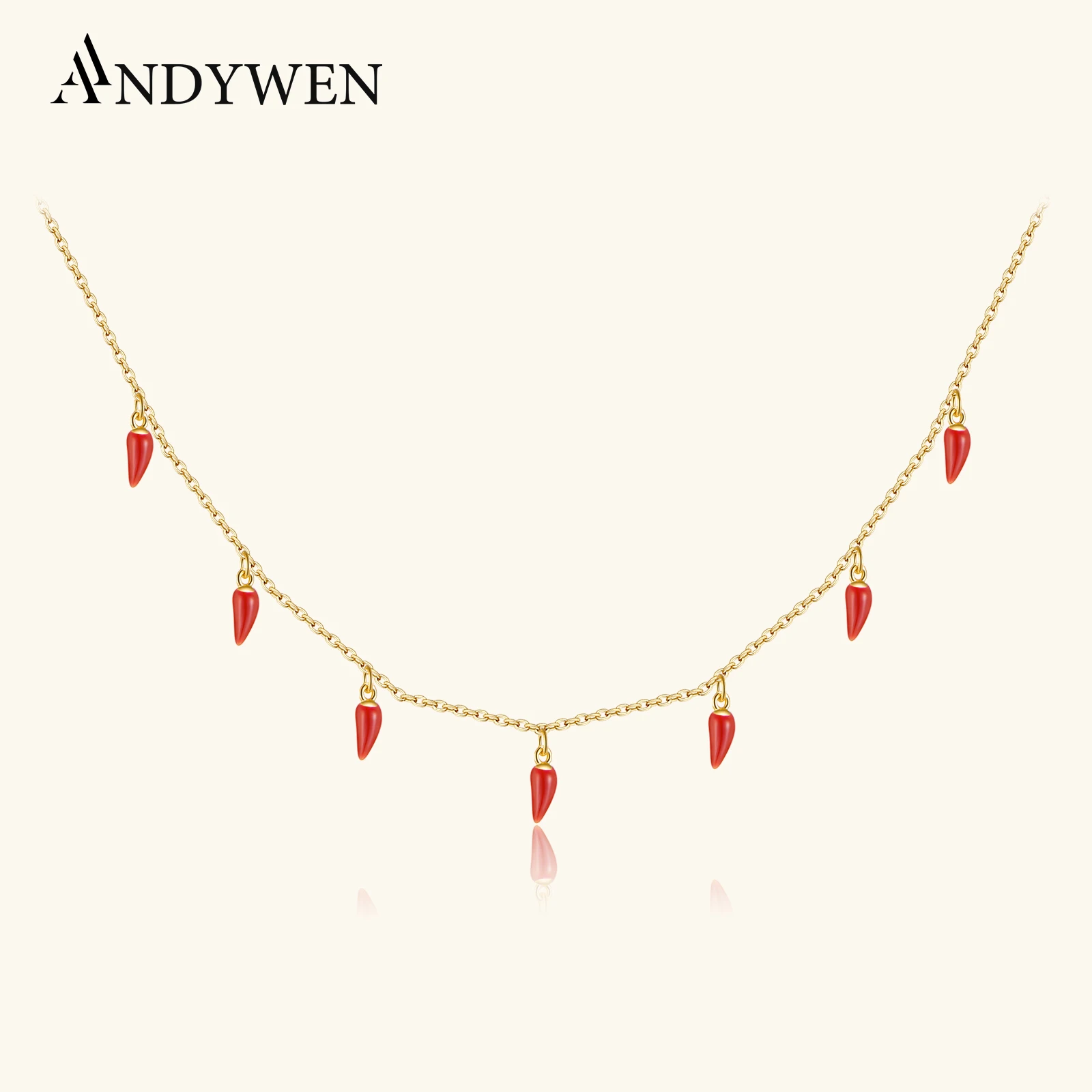 ANDYWEN Collar de Cadena Larga con Colgante de Chile Rojo Picante de Plata de Ley 925 y Oro 2021, Joyería Fina para Boda, Rock, Punk, Fiesta