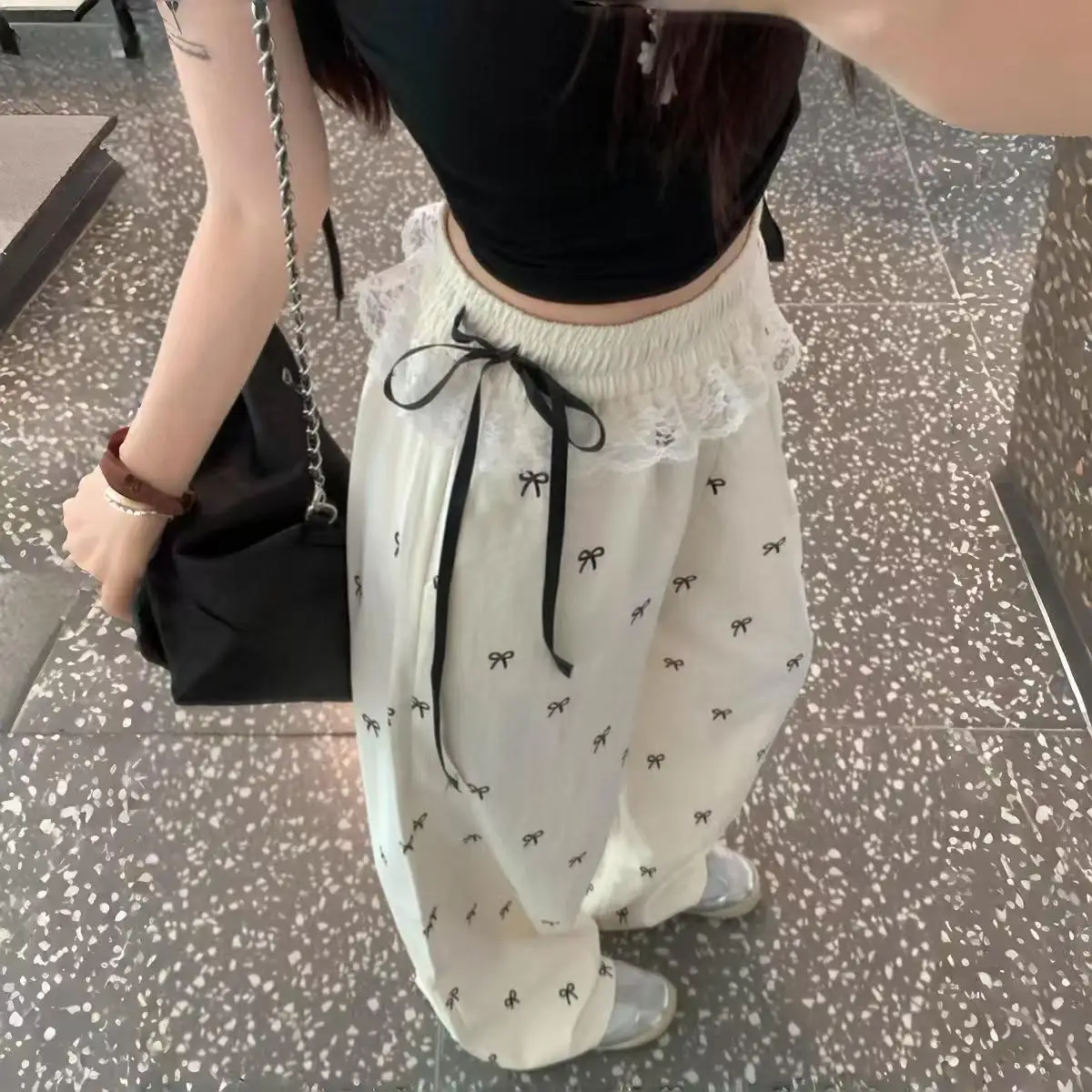 High Waisted Wide Leg Pants with Bow Print and Lace Trim Casual Loose Streetwear Trousers for Women
