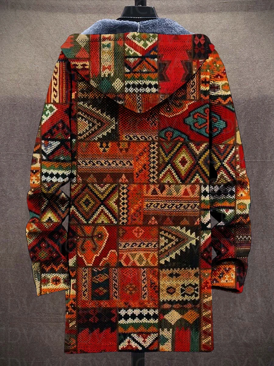 Vintage Abstract Art Print Plush Thick Long-Sleeved Sweater Cardigan Coat Warm Jacket