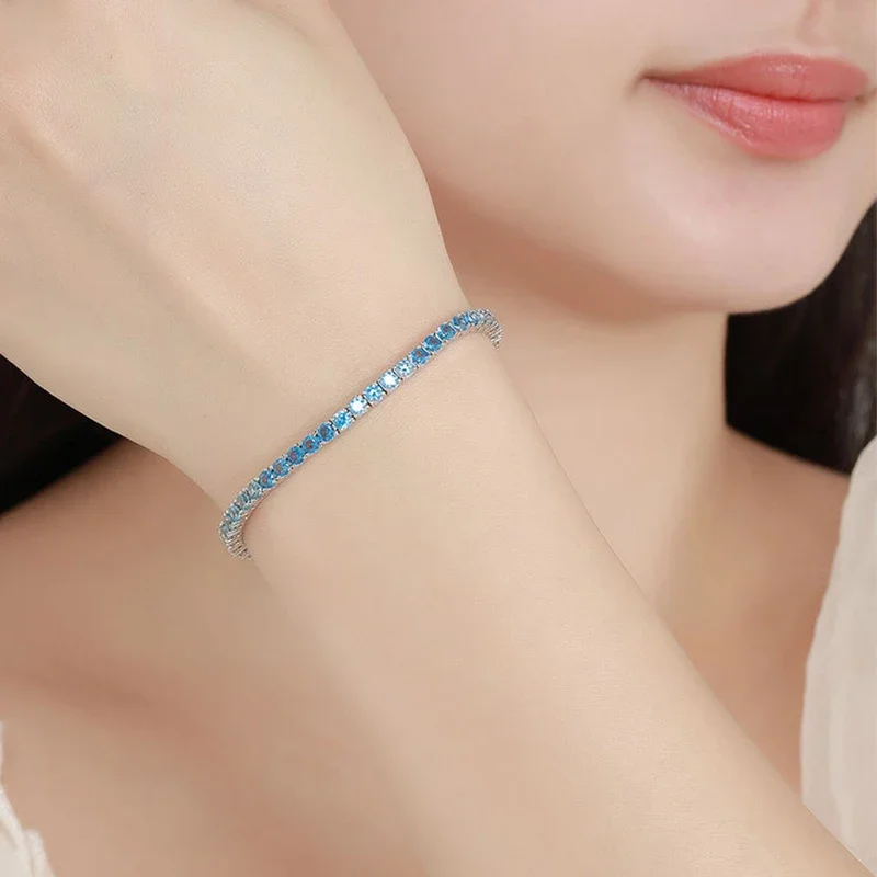 EWYA 2025 الأصلي كامل S925 3 مللي متر الأحمر الزركون سوار للتنس المرأة التدرج الفضة البحر الأزرق عالية الكربون الأحجار الكريمة سلسلة سوار #4