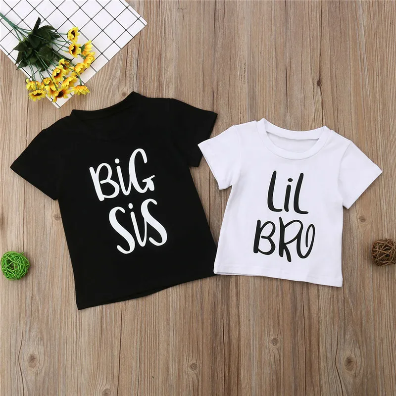 Big Sister Little Brother Twins Kids Tshirt Summer Short Sleeve Letter Tops Girls Boys Graphic Tee Twins Matching Outfit T-shirt