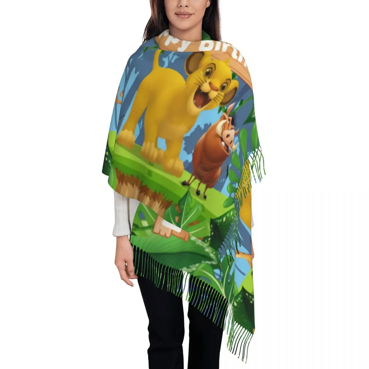 

Custom Cartoon Lion King Simba Tassel Scarf Women Soft Shawls Wraps Lady Winter Fall Scarves