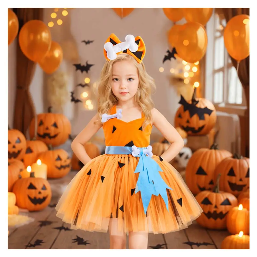 Native Cosplay Costume Kids Girls Pumpkin Tutu Dress Headband Outfits Halloween Carnival Party Suit