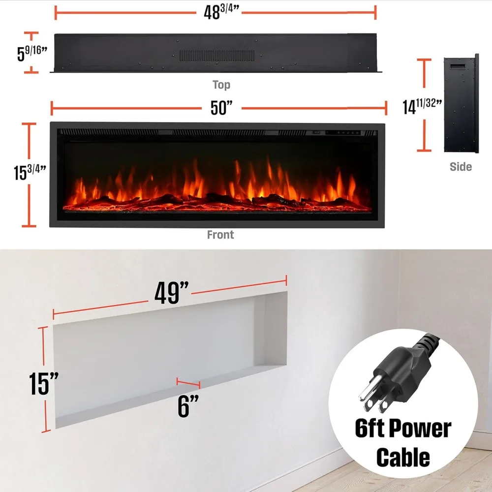 50 Inch Electric Fireplace Heater, Wall Mounted or Embedded Fireplace Insert, 24-hour Timer, Color Changing Flame