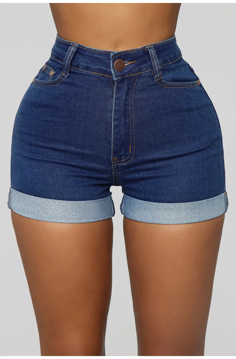 2024 Summer New Mid Waist Curled Denim Shorts For Women Fashion High Stretch Skinny Hip Lift Sexy Shorts Jeans S-2XL Drop Ship